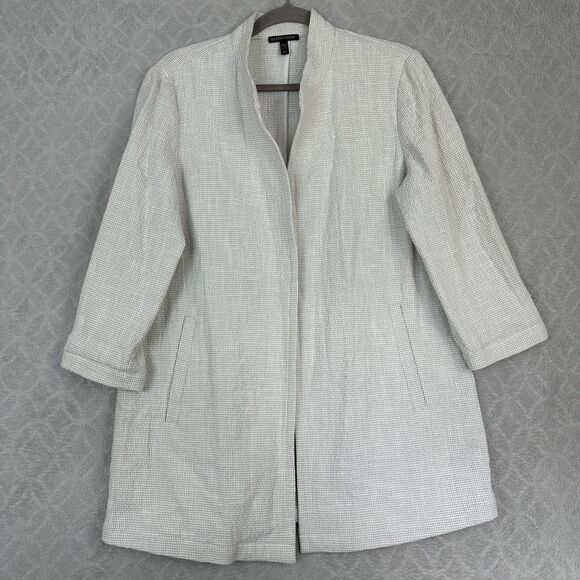 Eileen Fisher Organic Cotton Jacket M White Waffle Knit Open Front Longline Chic - Picture 1 of 11